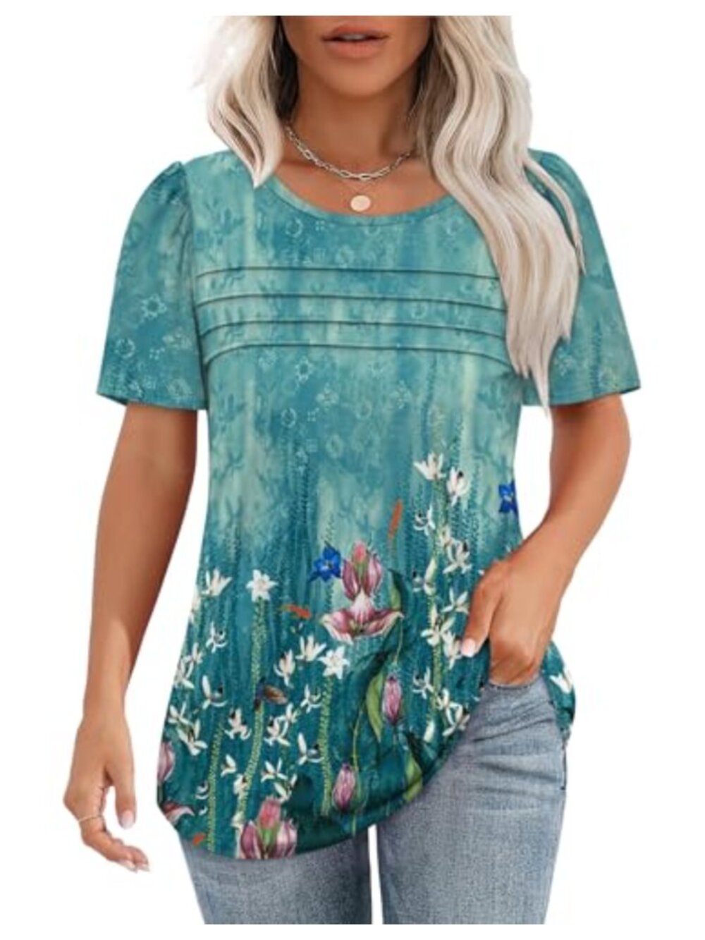 Womens Pleated Puff Short Sleeve Tunic Top Curved Hem Flowy Summer Tee
